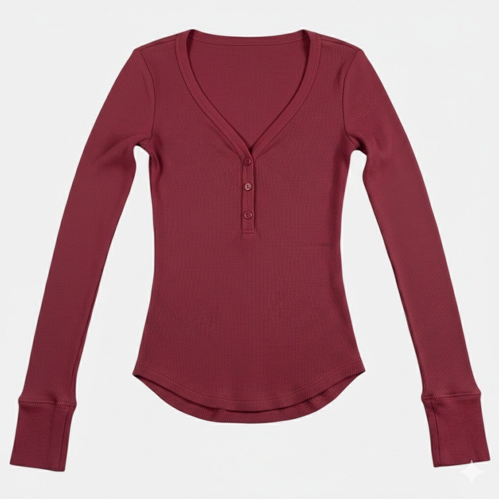 Wild Fable Womens Size XXS Ribbed‎ Henley Long Sleeve T-Shirt Burgundy Red